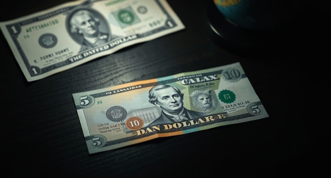 Canadian dollar banknote on desk with globe and US dollar in background, representing forex market pressure