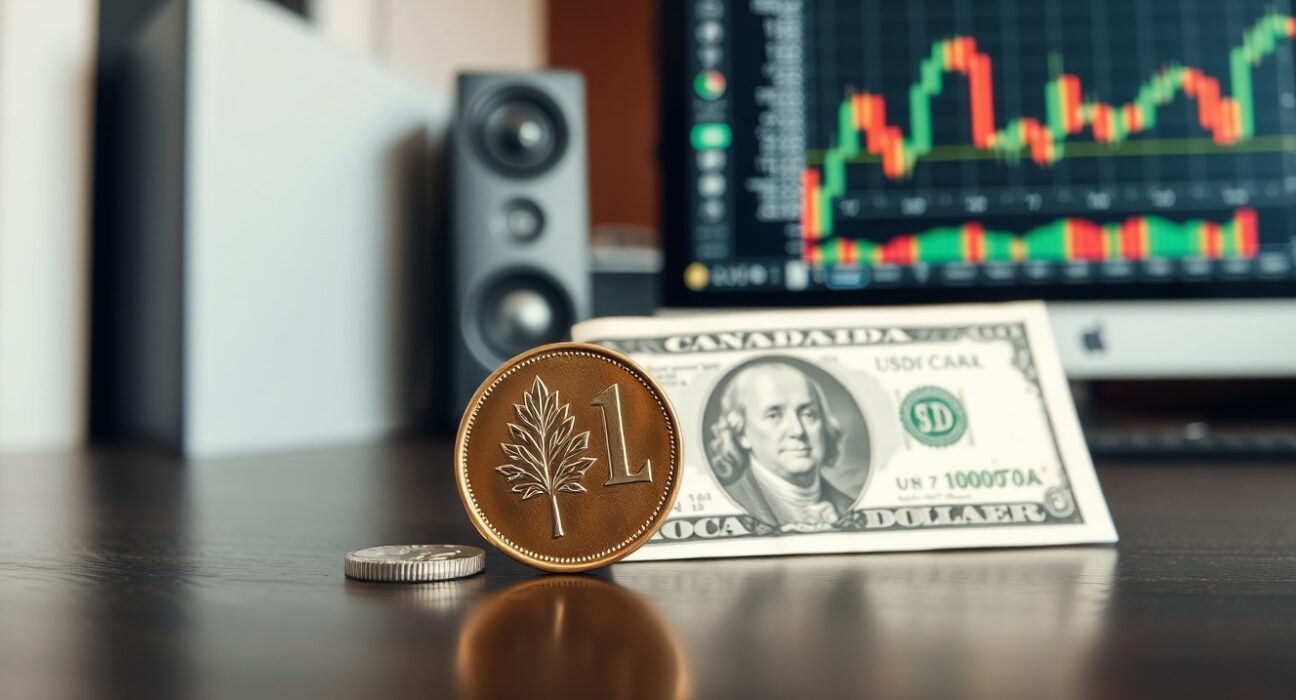 Canadian loonie coin and US dollar bill on a trading desk with a currency chart in the background