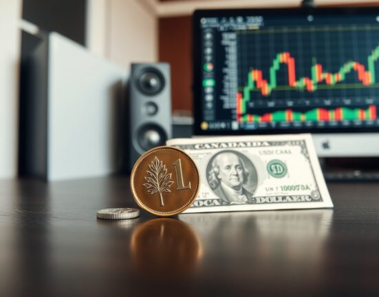Canadian loonie coin and US dollar bill on a trading desk with a currency chart in the background