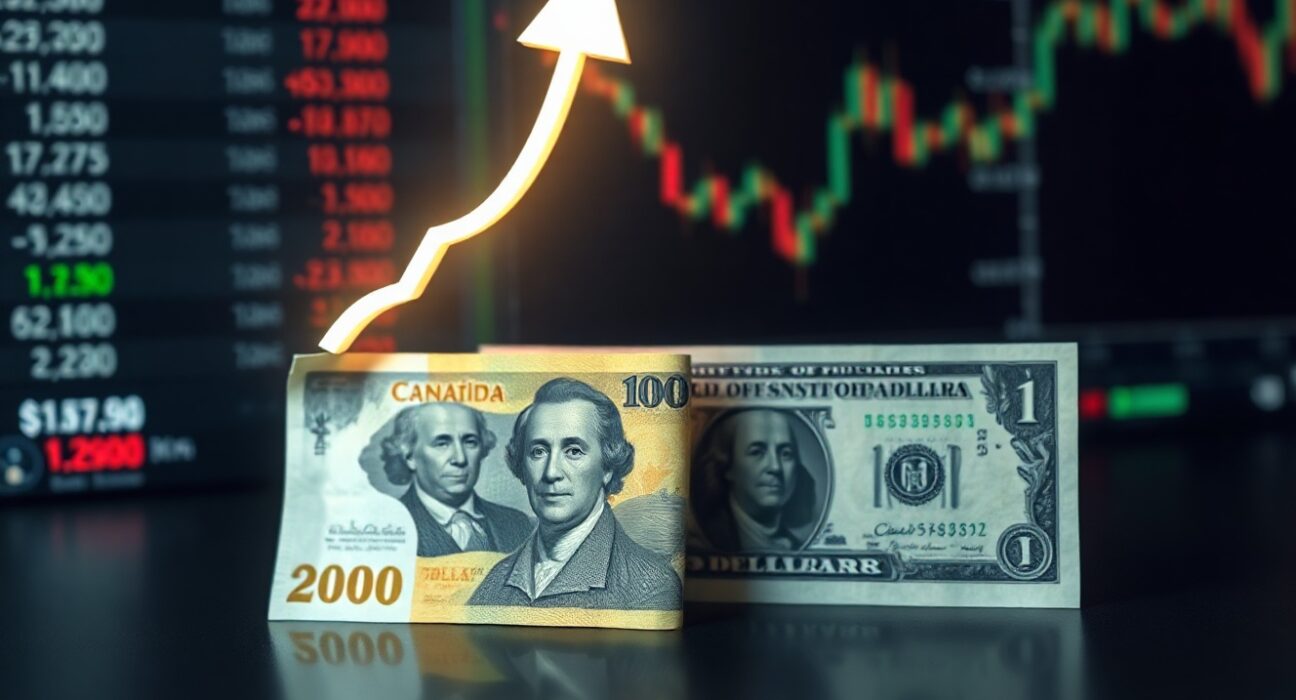 Canadian and US dollar banknotes on a desk with a rising arrow symbolizing bullish CAD signals