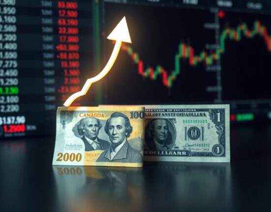 Canadian and US dollar banknotes on a desk with a rising arrow symbolizing bullish CAD signals
