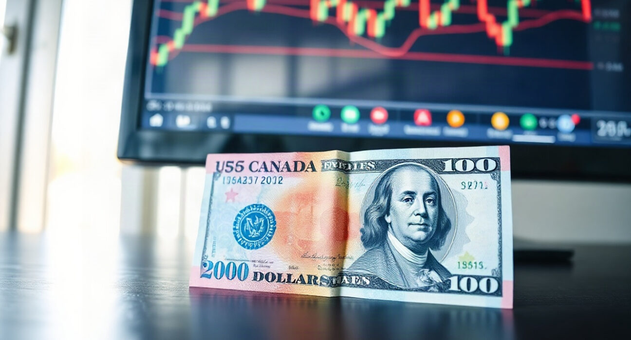 Canadian and US dollar banknotes with a stock chart in background, representing USD/CAD exchange rate analysis