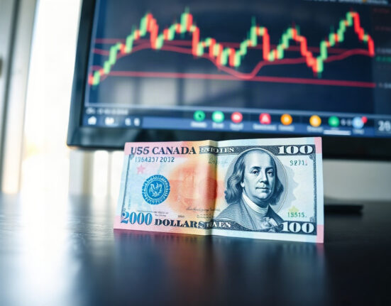 Canadian and US dollar banknotes with a stock chart in background, representing USD/CAD exchange rate analysis