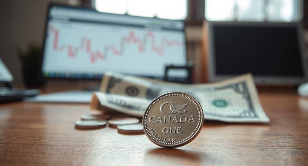 Canadian loonie coin and US dollar bill on a desk, representing currency exchange and forex analysis.