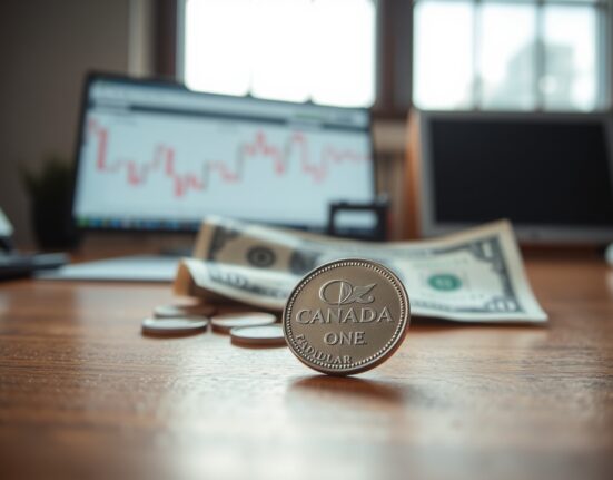 Canadian loonie coin and US dollar bill on a desk, representing currency exchange and forex analysis.