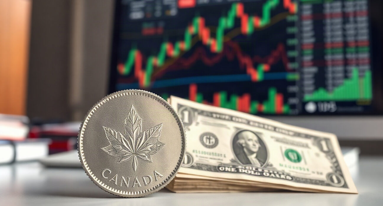 Canadian dollar coin and US dollar bill on a financial desk with a chart in the background