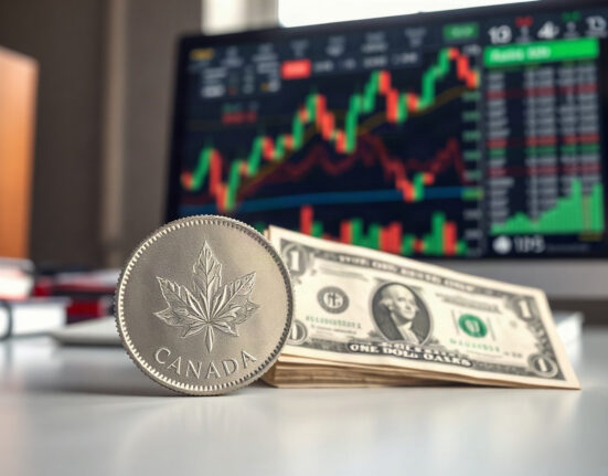 Canadian dollar coin and US dollar bill on a financial desk with a chart in the background