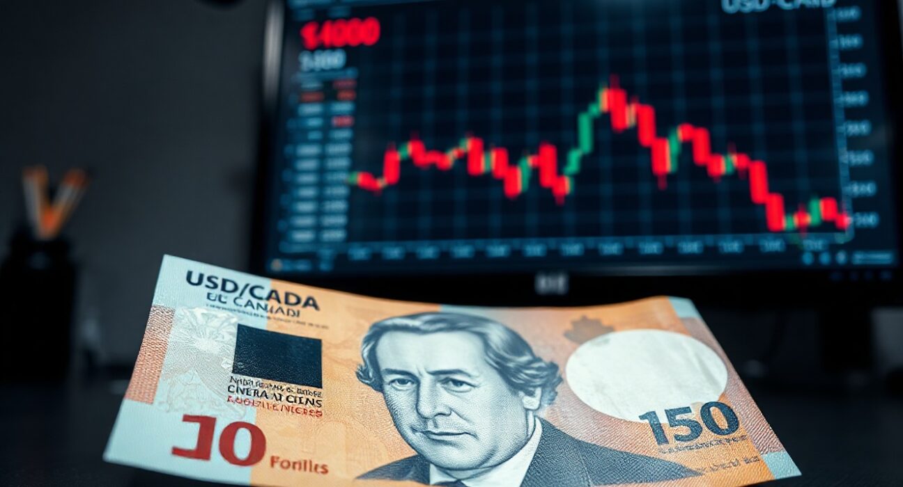 Canadian dollar banknote on a trading desk with a declining forex chart in the background.