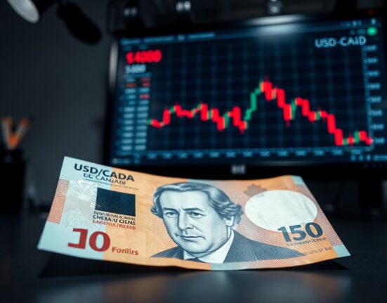 Canadian dollar banknote on a trading desk with a declining forex chart in the background.