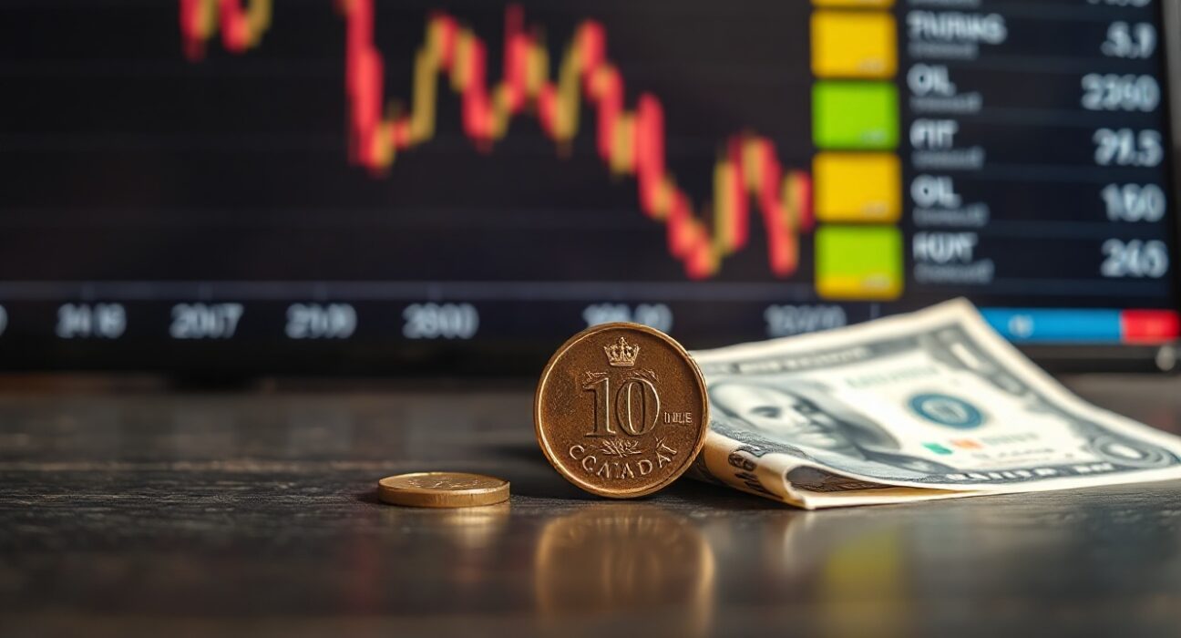 Canadian loonie coin and US dollar bill with blurred stock chart in background representing forex market analysis