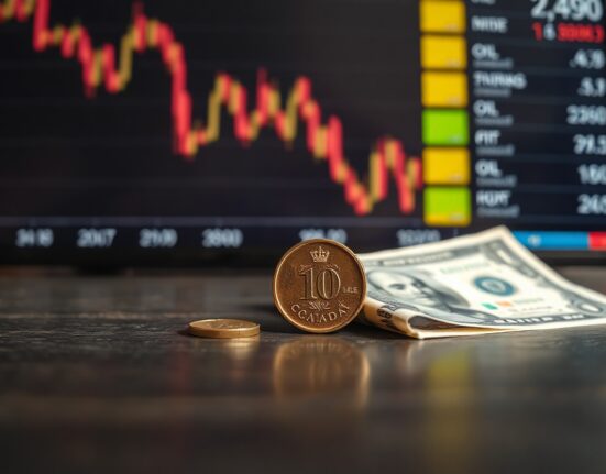 Canadian loonie coin and US dollar bill with blurred stock chart in background representing forex market analysis