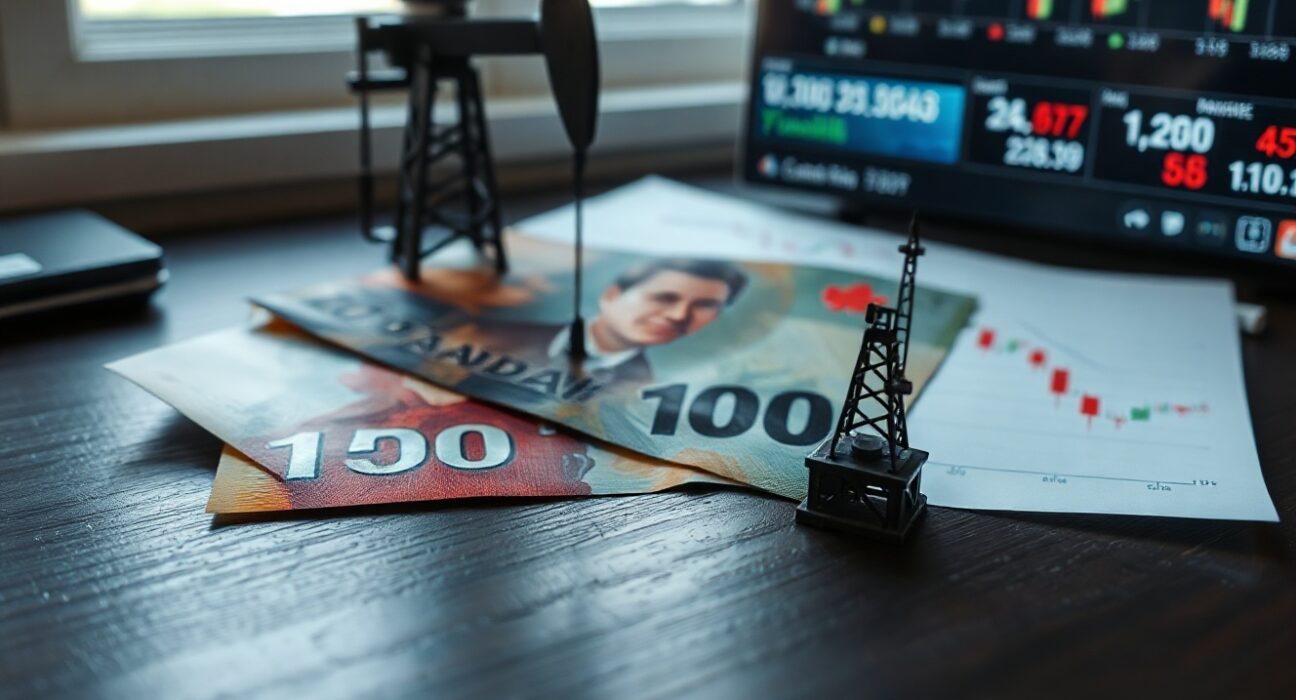 Canadian Dollar banknote next to oil price chart and model derrick representing currency and commodity pressure