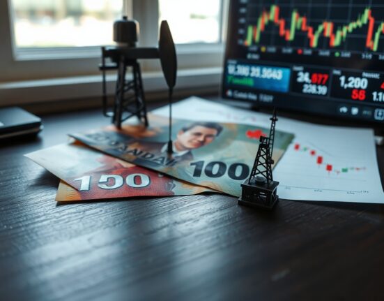 Canadian Dollar banknote next to oil price chart and model derrick representing currency and commodity pressure