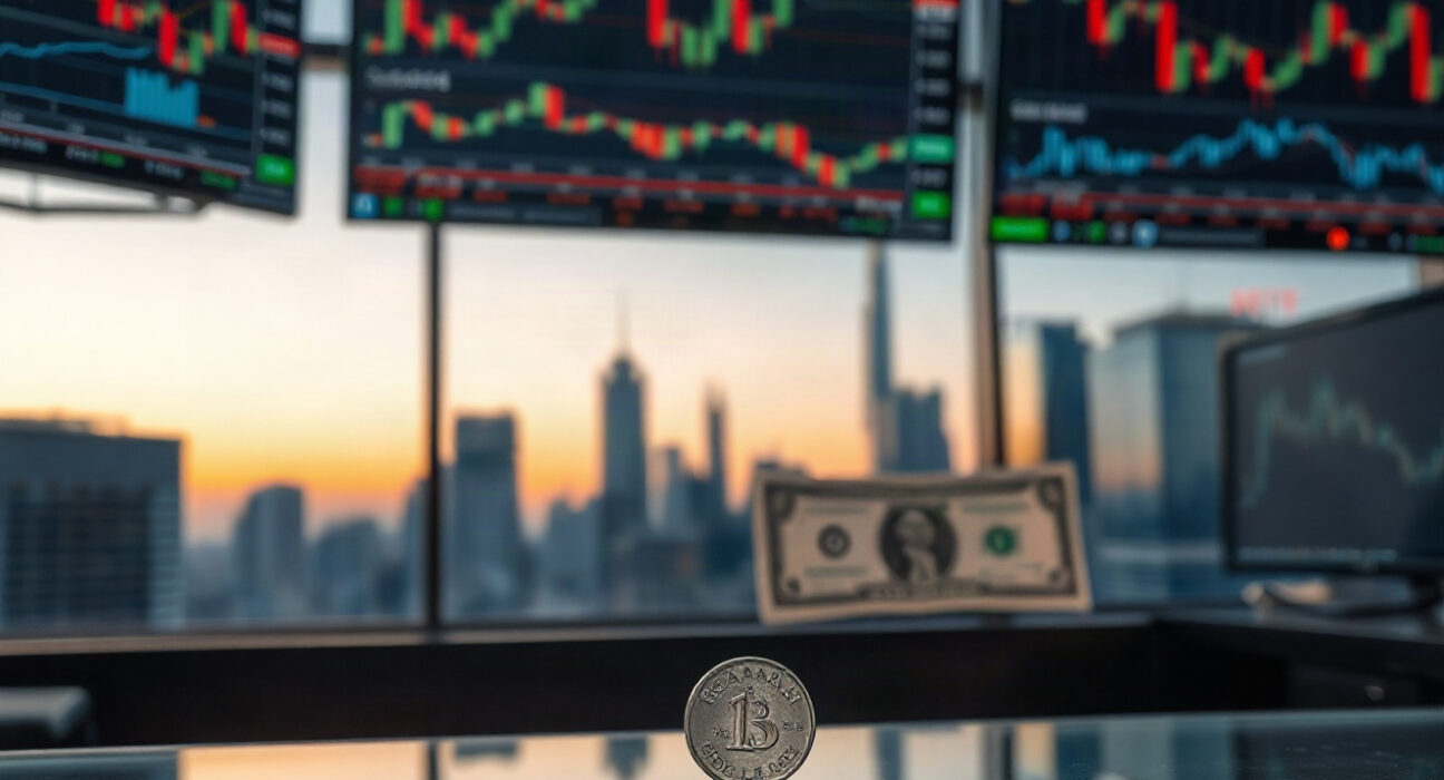 Canadian dollar coin and US dollar bill on a trading desk with market charts in the background.
