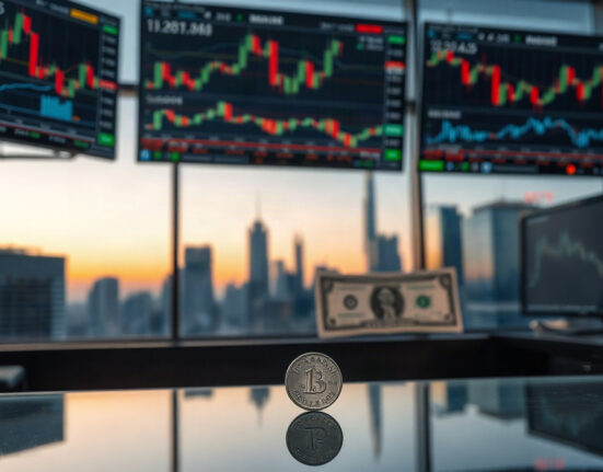 Canadian dollar coin and US dollar bill on a trading desk with market charts in the background.