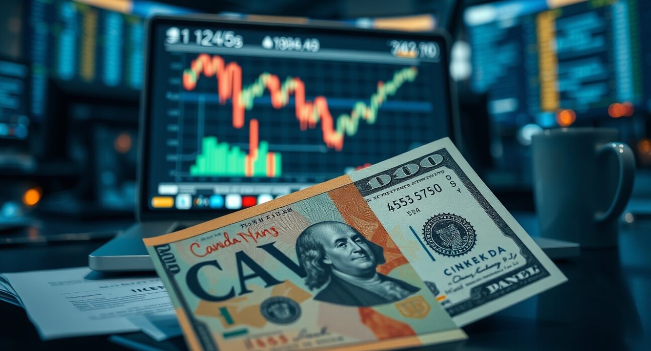 Canadian and US dollar banknotes on a trading desk with a financial chart on a laptop screen.