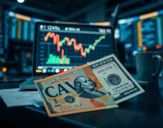 Canadian and US dollar banknotes on a trading desk with a financial chart on a laptop screen.