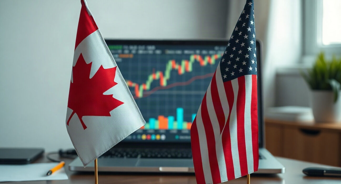Canadian and US flags with a financial chart on a laptop, representing the currency market impact of trade tensions.