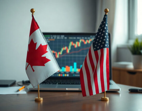 Canadian and US flags with a financial chart on a laptop, representing the currency market impact of trade tensions.