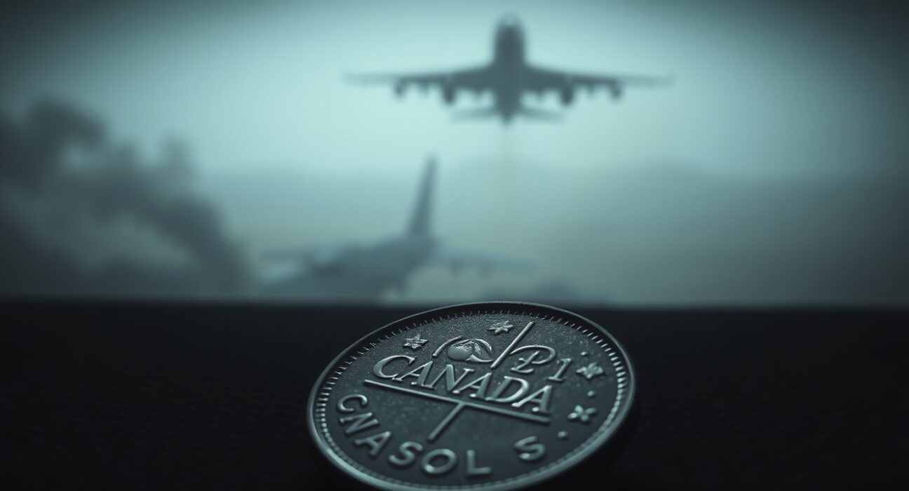 Canadian dollar coin on a dark surface with a blurred background of a military jet and smoke.