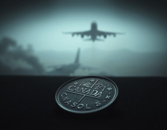 Canadian dollar coin on a dark surface with a blurred background of a military jet and smoke.
