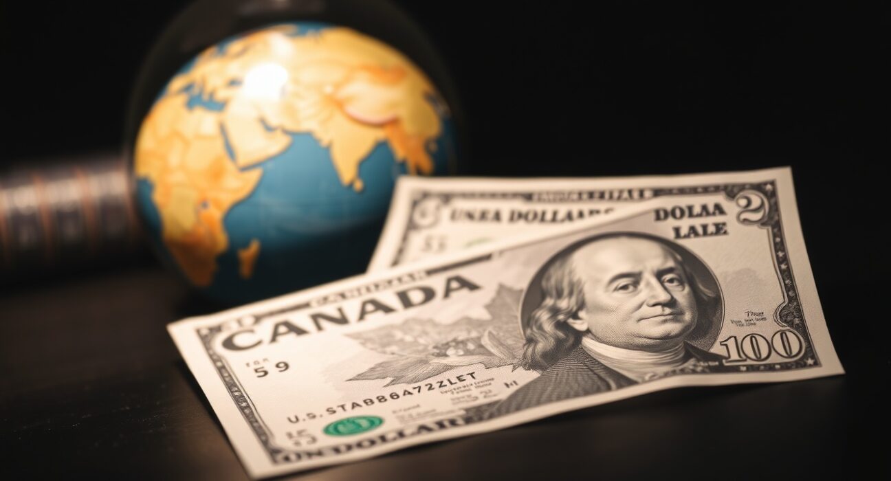 Canadian and US dollar banknotes on a desk with a blurred globe in the background, representing currency market volatility due to geopolitical tensions.