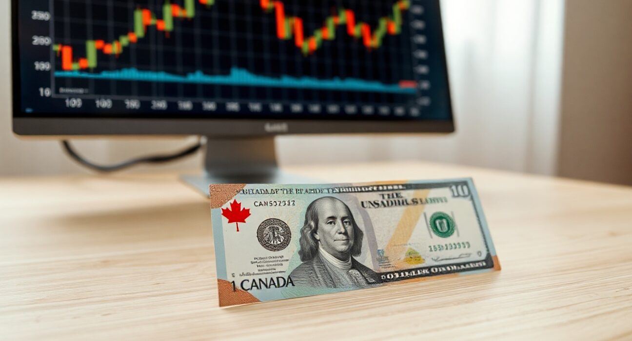 Canadian dollar and US dollar banknotes on a desk with a financial chart in the background