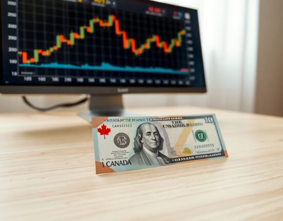 Canadian dollar and US dollar banknotes on a desk with a financial chart in the background