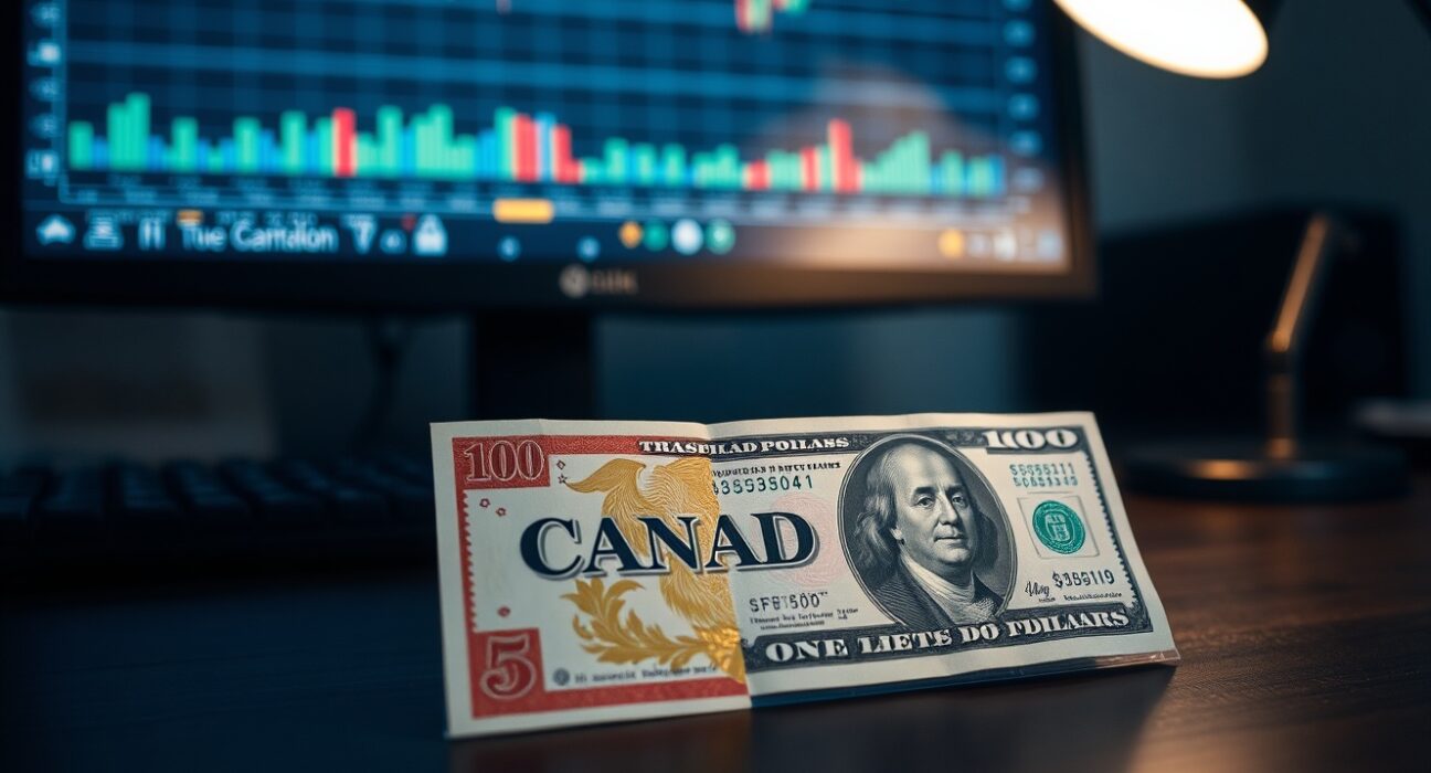 Canadian and US dollar banknotes on a desk with financial charts in background