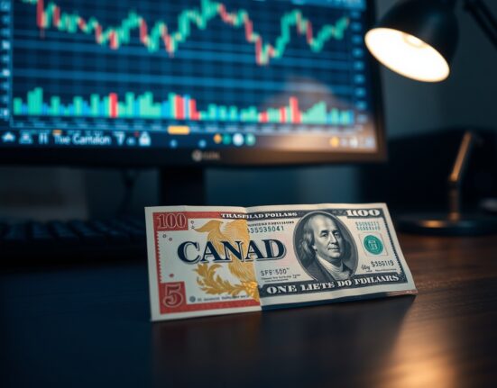 Canadian and US dollar banknotes on a desk with financial charts in background