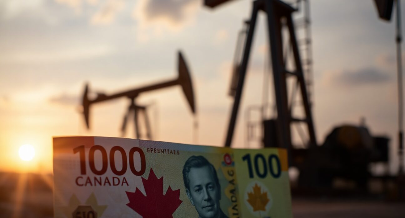 Canadian dollar banknote with oil pumpjack silhouette in background representing currency and oil market dynamics