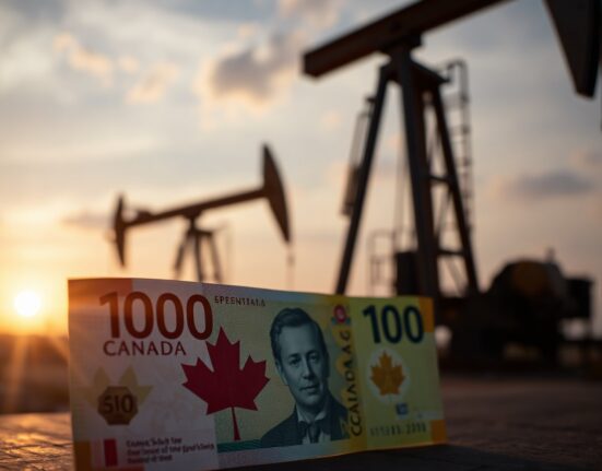 Canadian dollar banknote with oil pumpjack silhouette in background representing currency and oil market dynamics