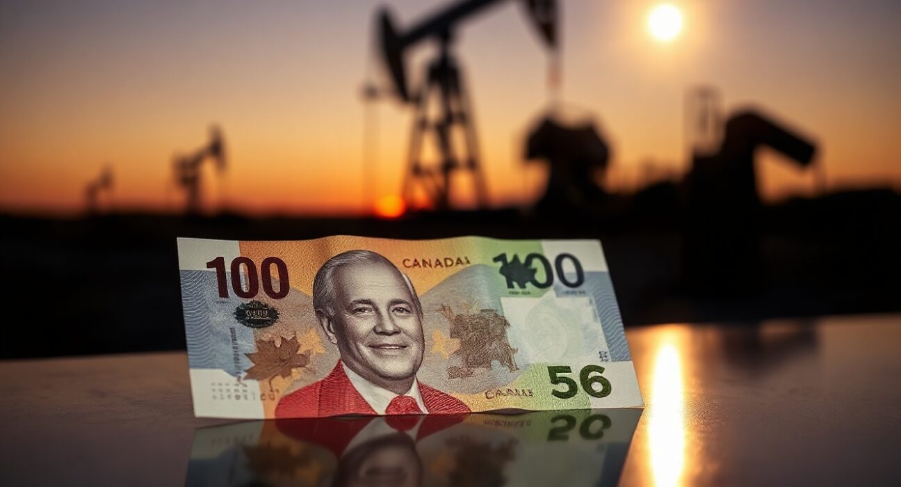 Canadian dollar banknote with oil pumpjack in background symbolizing oil price impact on currency