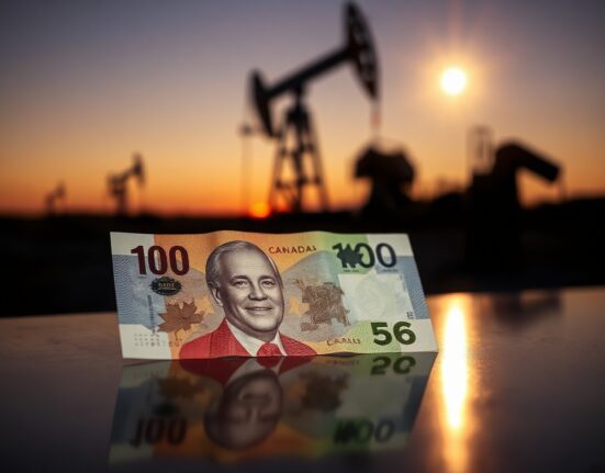 Canadian dollar banknote with oil pumpjack in background symbolizing oil price impact on currency