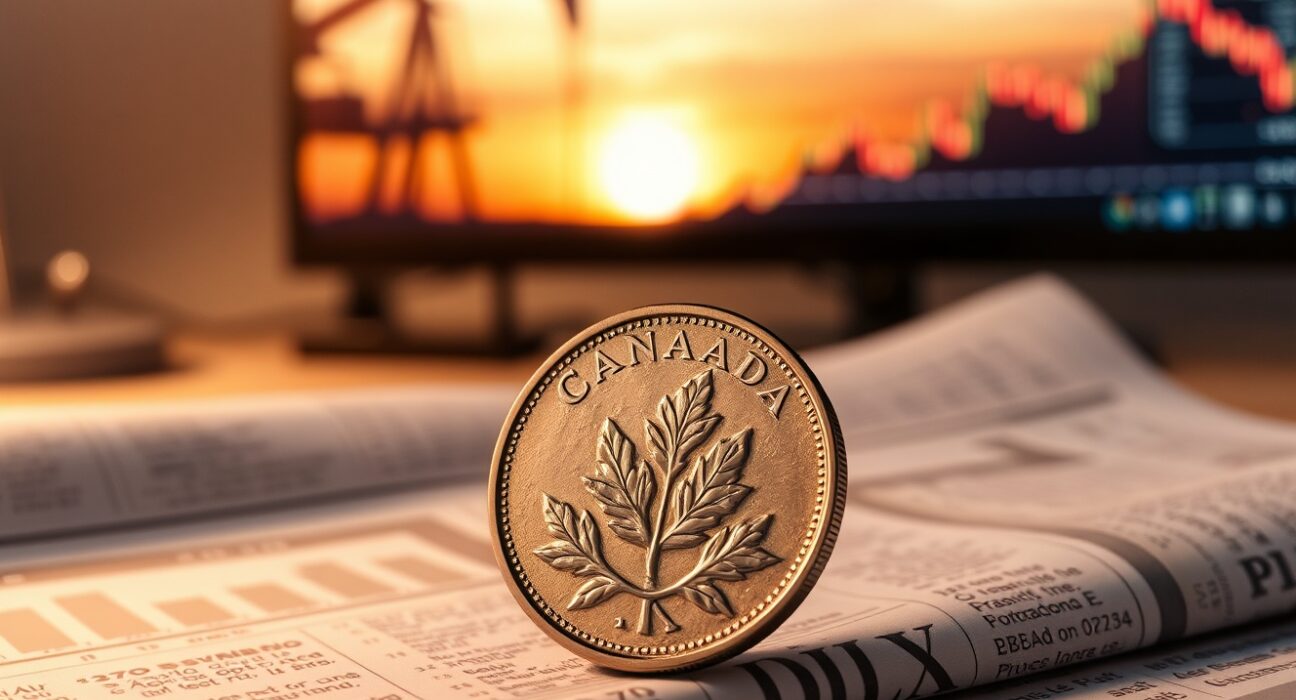Canadian loonie coin on financial chart with oil pumpjack in background
