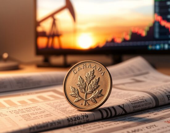 Canadian loonie coin on financial chart with oil pumpjack in background
