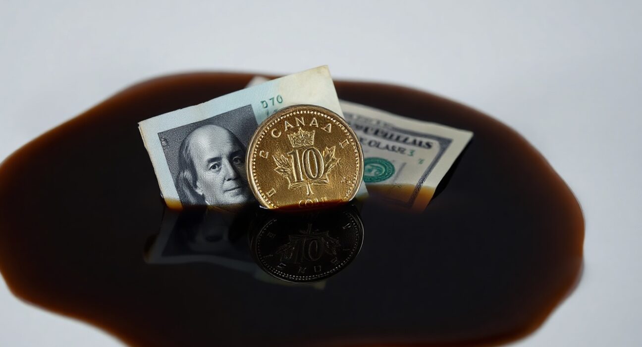 Canadian loonie coin and US dollar bill partially submerged in crude oil with a financial chart reflection.