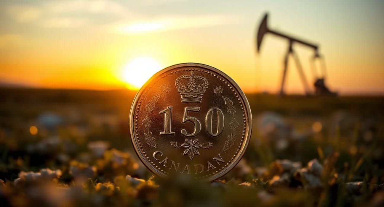 Canadian dollar coin in foreground with oil pumpjack in background at sunset