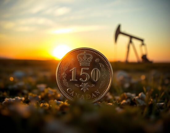 Canadian dollar coin in foreground with oil pumpjack in background at sunset