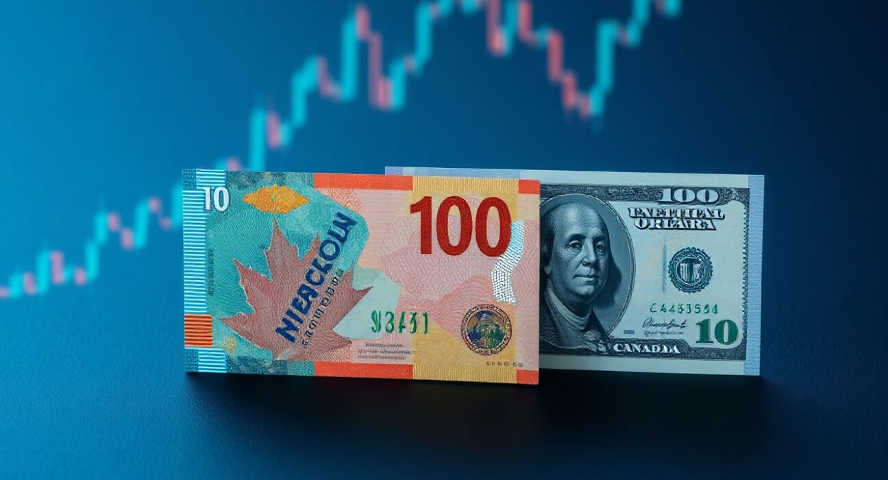 Canadian and US dollar banknotes on a financial chart background