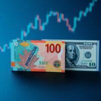 Canadian and US dollar banknotes on a financial chart background