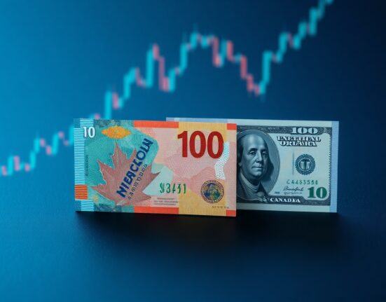 Canadian and US dollar banknotes on a financial chart background