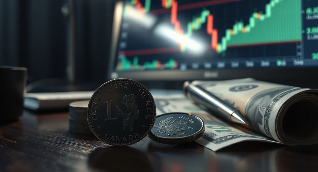 Canadian loonie coin and US dollar bill on a desk with a forex chart in the background showing a declining trend.
