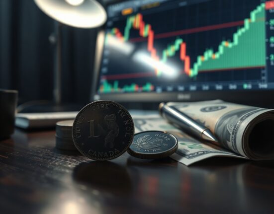Canadian loonie coin and US dollar bill on a desk with a forex chart in the background showing a declining trend.