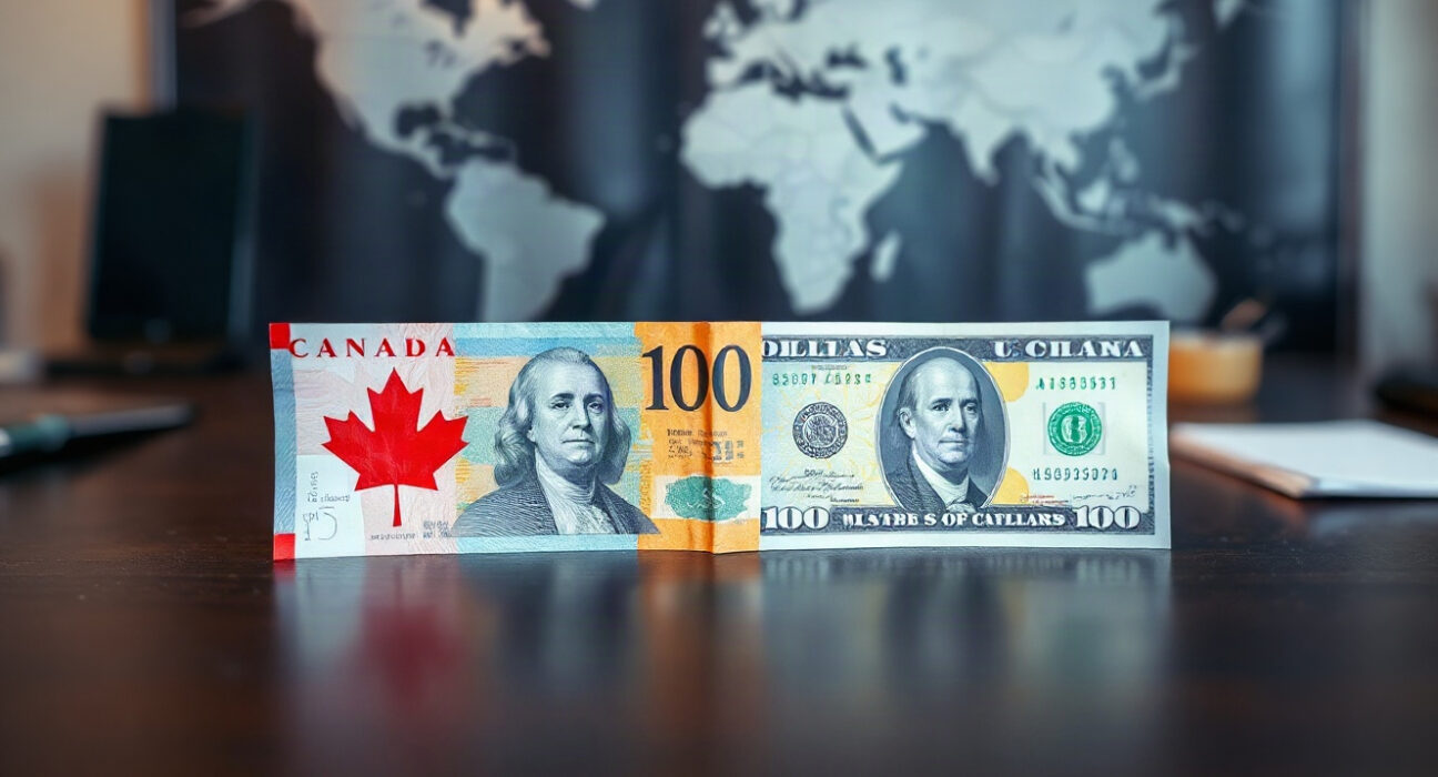 Canadian and US dollar banknotes side by side, symbolizing currency market movements amid trade tensions.