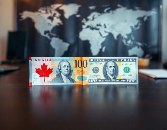Canadian and US dollar banknotes side by side, symbolizing currency market movements amid trade tensions.