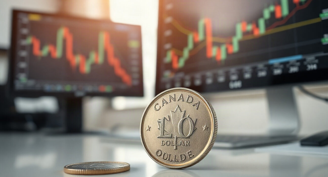 Canadian dollar coin (loonie) on a desk with a financial chart in the background