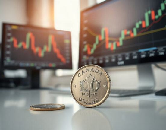 Canadian dollar coin (loonie) on a desk with a financial chart in the background