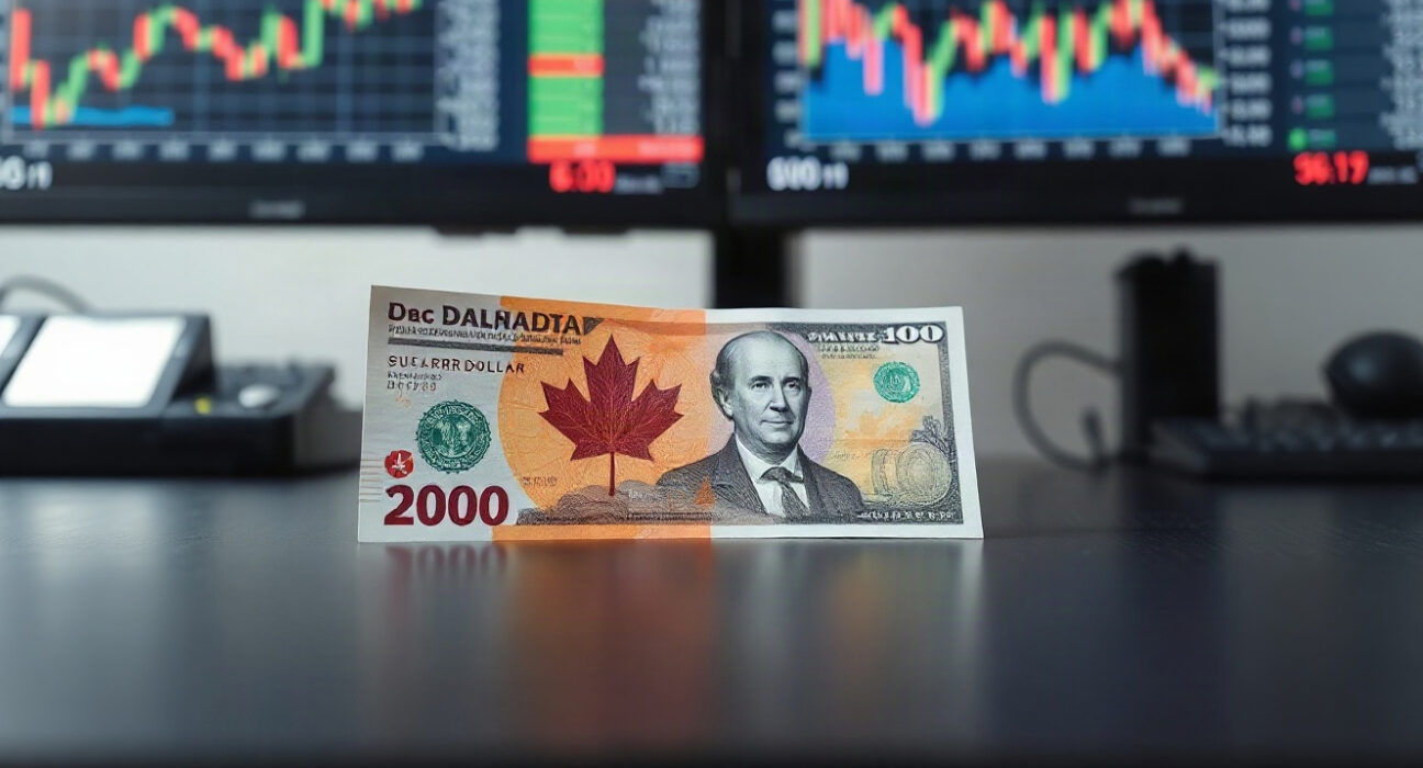 Canadian and US dollar banknotes on a desk with financial charts in the background