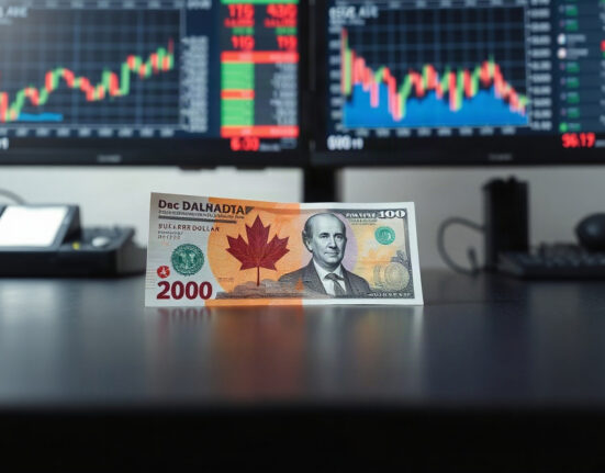 Canadian and US dollar banknotes on a desk with financial charts in the background